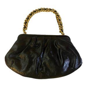 Jane August Black Italian Leather Purse/Handbag Thick Gold Tone Chain  Strap